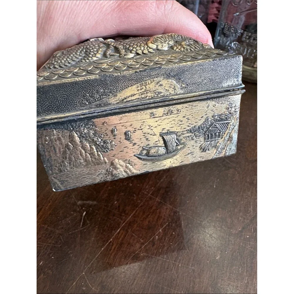 Ornate Embossed Metal Trinket Box in Aged Silver Tone